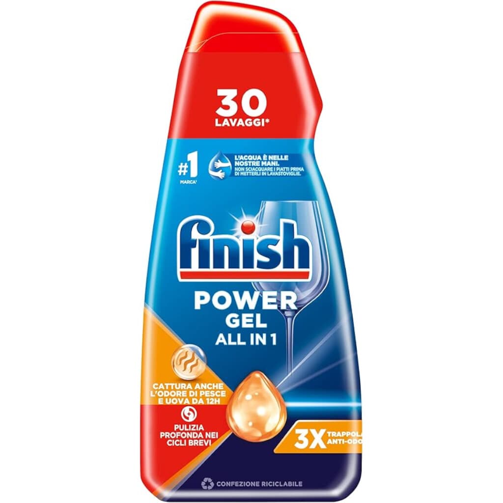Finish Power Gel All in 1 Anti-Odore – предна опаковка на препарат за съдомиялни машини с неутрализиране на миризми.