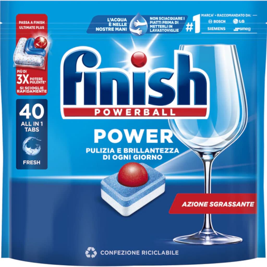 Finish Powerball Power Dishwasher Tablets – Предна страна на опаковката, показваща дизайна и информация за 40 измивания.