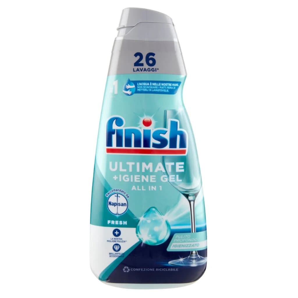 Finish Quantum +Igiene Gel Fresh – предна опаковка на препарат за съдомиялна с хигиенизиращ ефект.