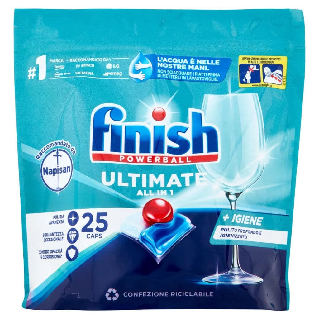 Finish Ultimate All in One Napisan – Предна страна на опаковката, показваща дизайна и информация за 25 измивания.