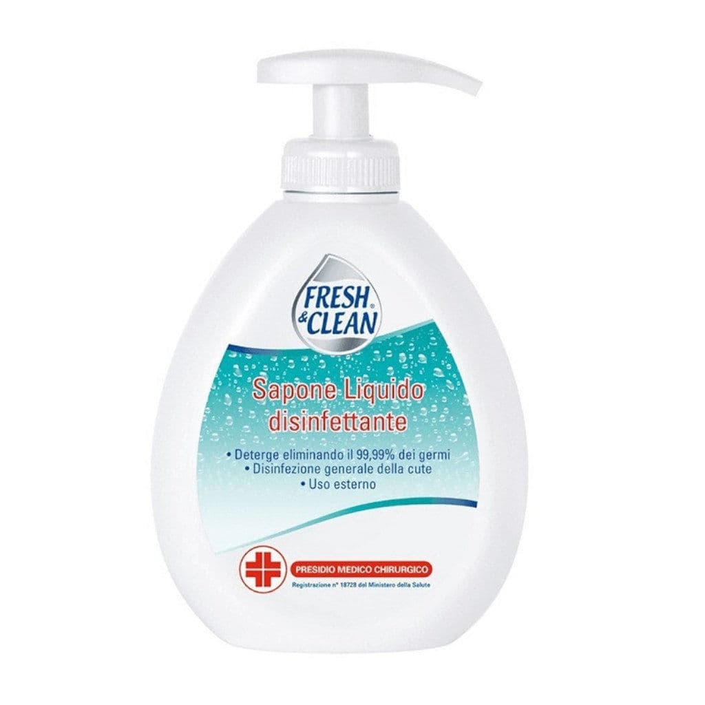Опаковка на Fresh and Clean Sapone Liquido Disinfettante с основните инструкции и лого.