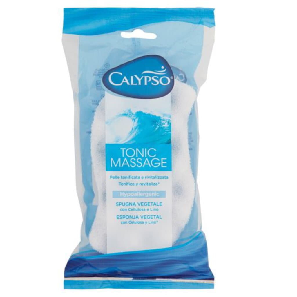 Calypso Tonic Massage Hypoallergenic Vegetal Sponge – предна опаковка на гъбата за баня.