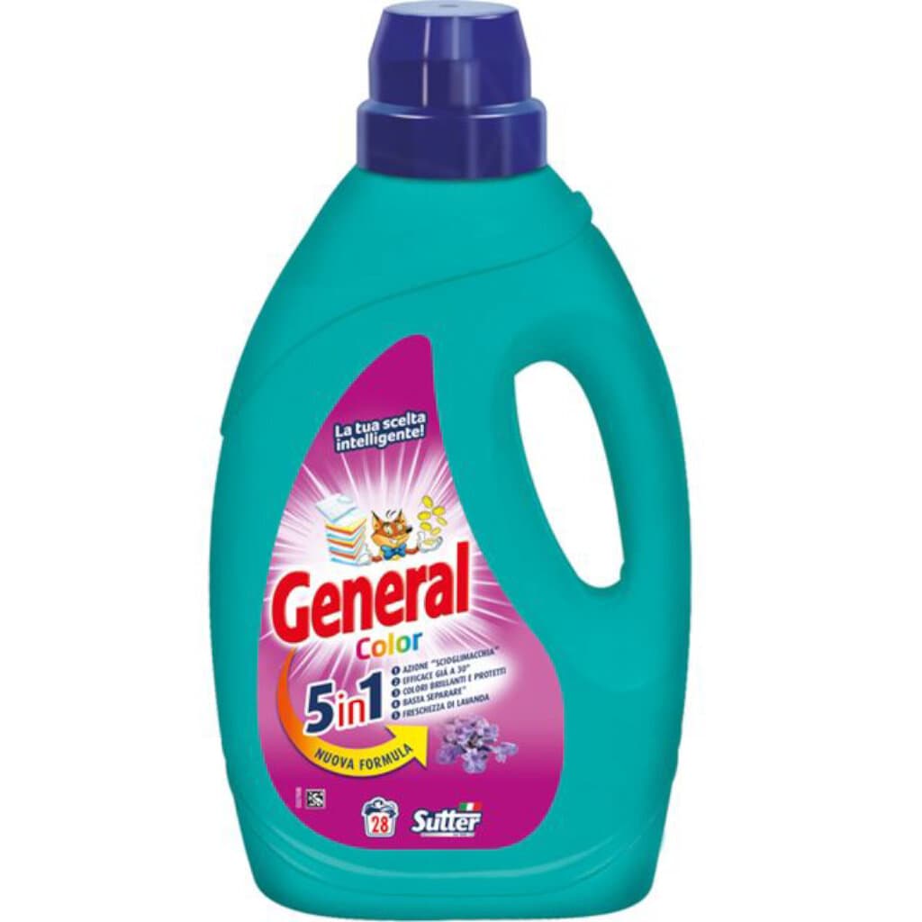 Опаковка на General Color течен перилен препарат за 28 пране, с акцент върху защита на цветовете.