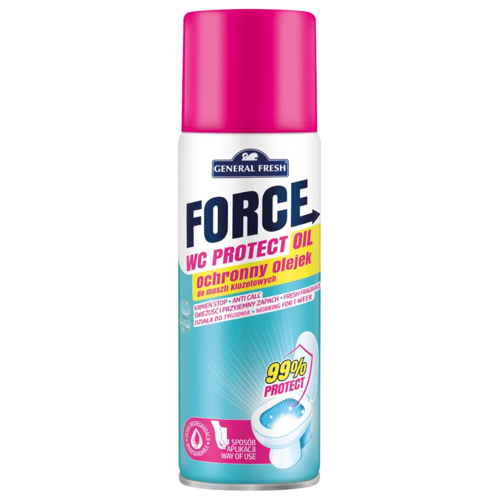 Опаковка на General Fresh Toilet Protection Oil Force, показваща продукта и акцентираща върху маслената защита.
