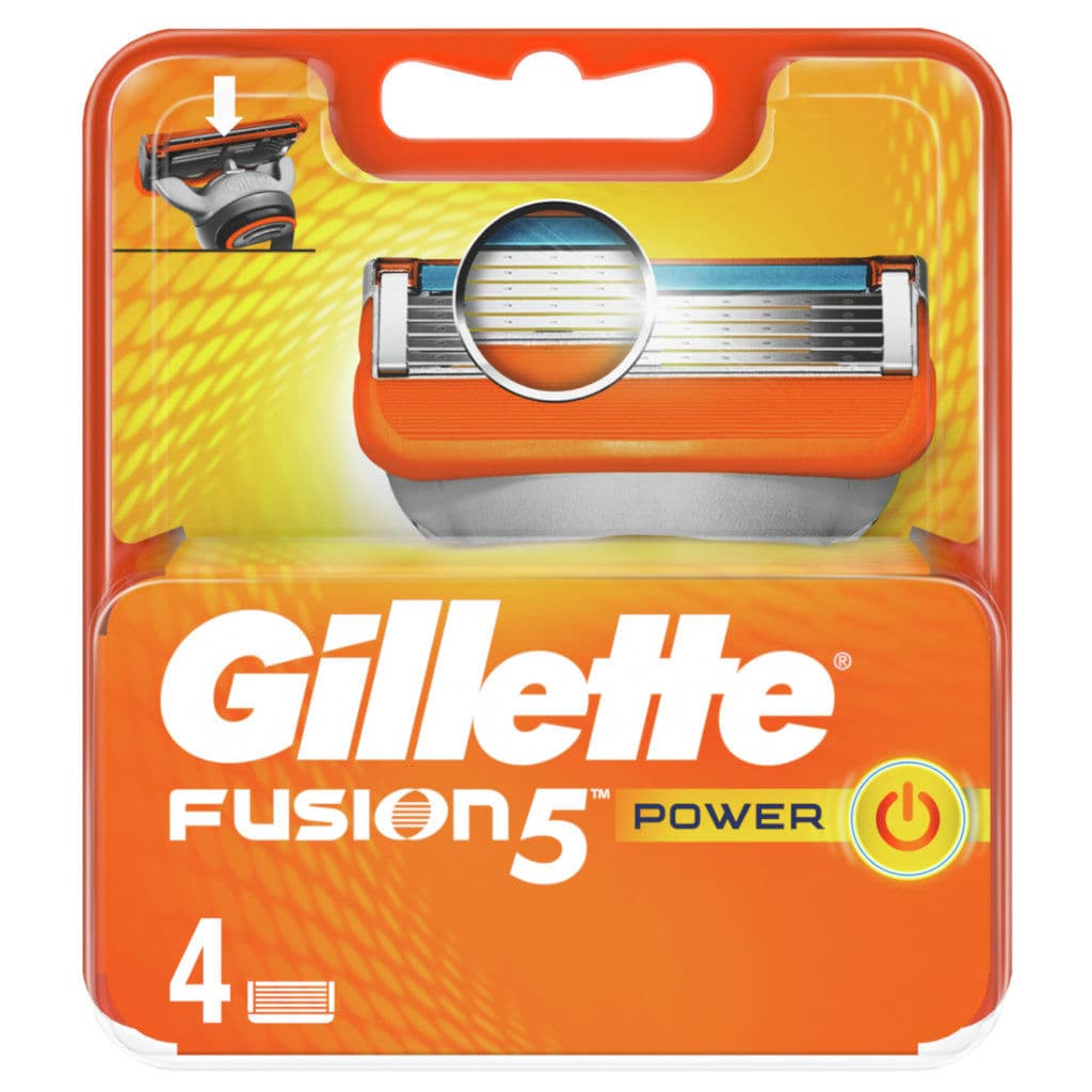 Gillette Fusion5 Power Резервни ножчета – Опаковка от 4 броя – Предна страна с акцент върху характеристиките.