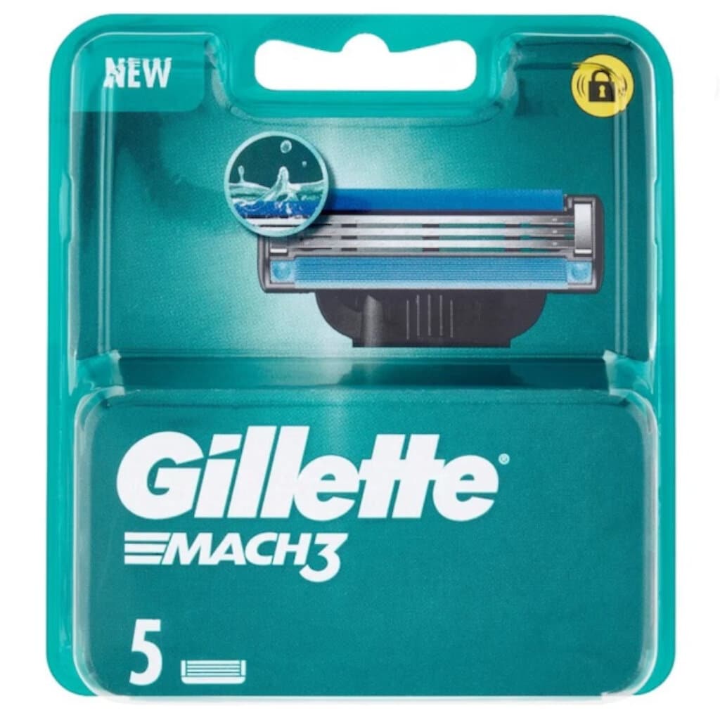Gillette Mach3 Резервни ножчета – Опаковка от 5 броя – Предна страна с информация за продукта.