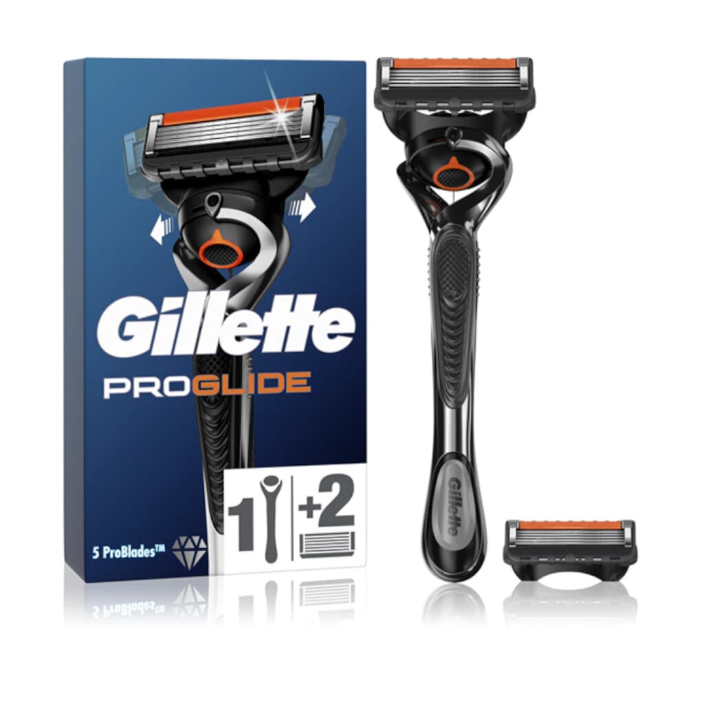 "Ръчен бръснач Gillette ProGlide с Flexball технология – предна страна на опаковката, показваща 5 анти-натъркащи остриета и усъвършенстваната Lubrastrip лента."