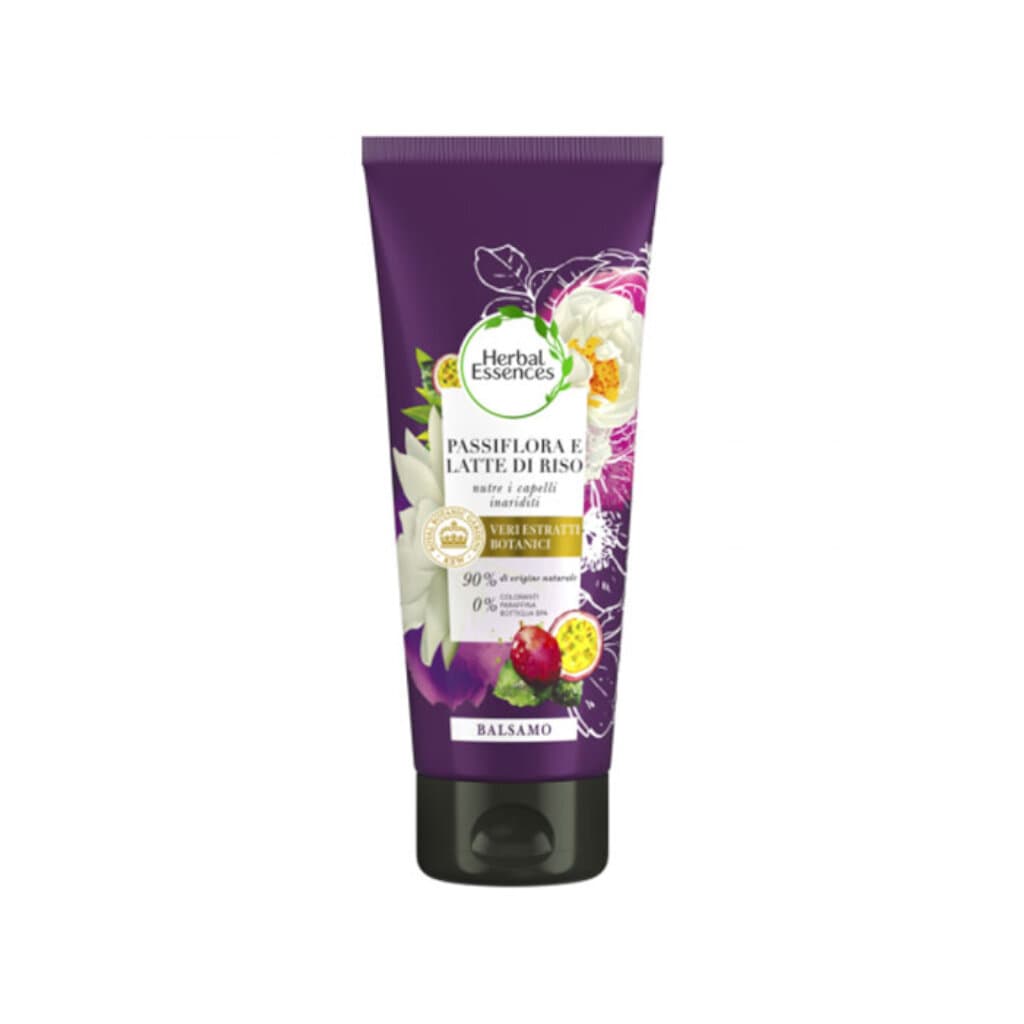 Herbal Essences Balsamo Passiflora e Latte di Riso – Предна част на опаковката с описание.