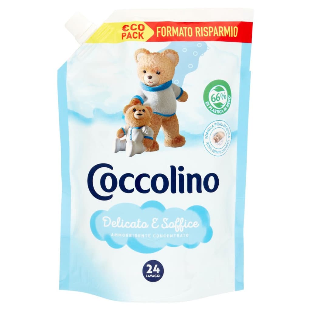 Hypoallergenic Омекотител Coccolino Delicato e Soffice в опаковка, показваща предната страна с основна информация.