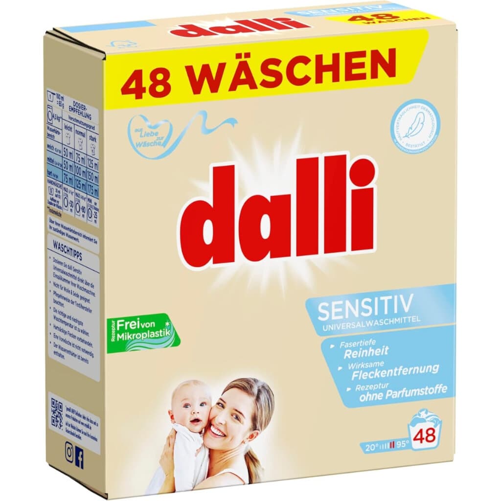 Dalli Sensitiv Universal Detergent – Опаковка на продукта с акцент върху хипоалергенната формула.