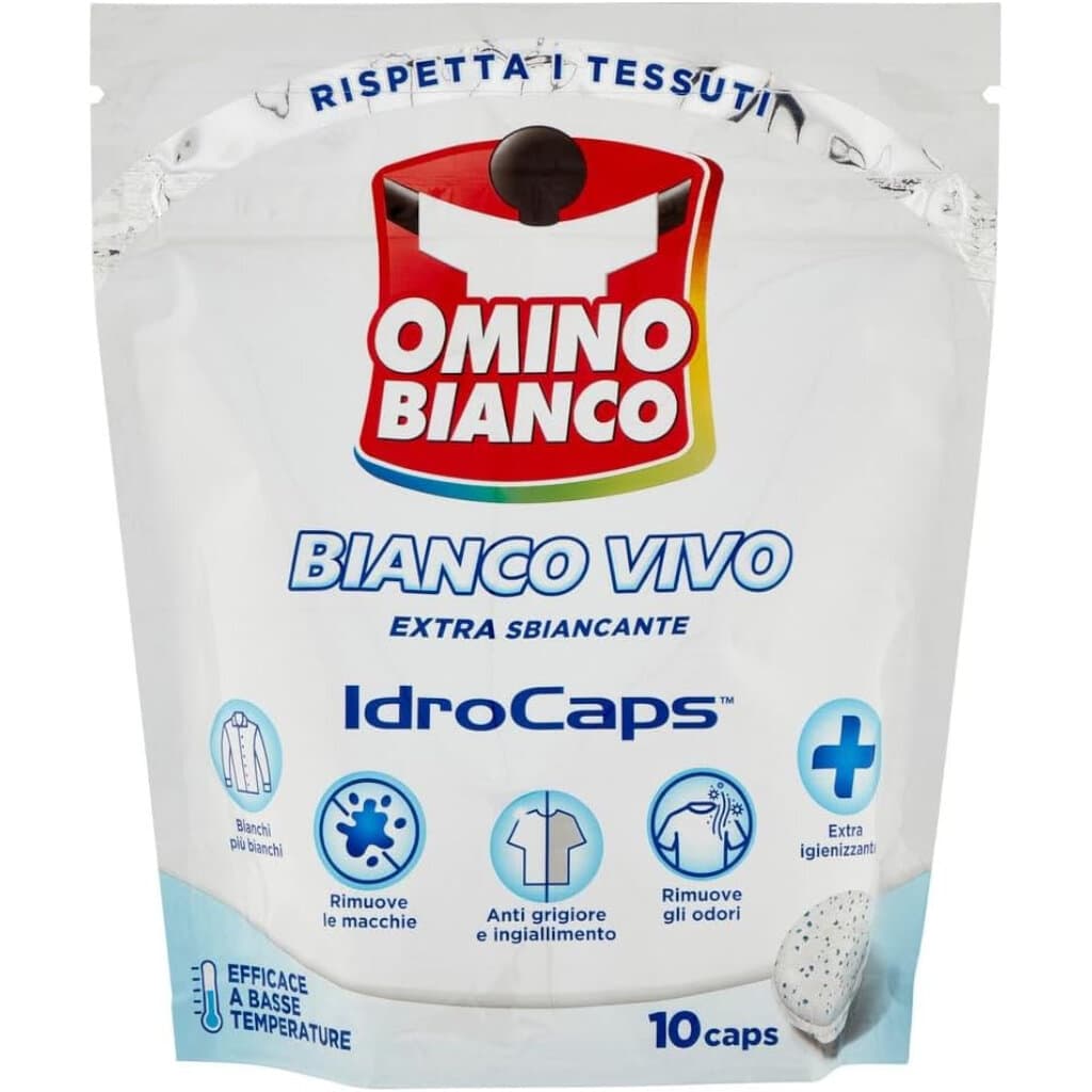 Опаковка на Omino Bianco Bianco Vivo Idrocaps, показваща продукта и акцентираща върху избелващите му свойства.