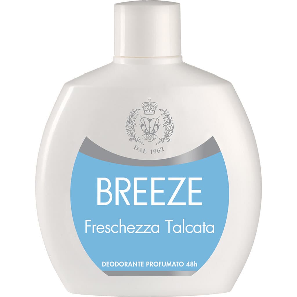 Предна част на опаковка Breeze Deodorante Squeeze Freschezza Talcata, 100 мл.