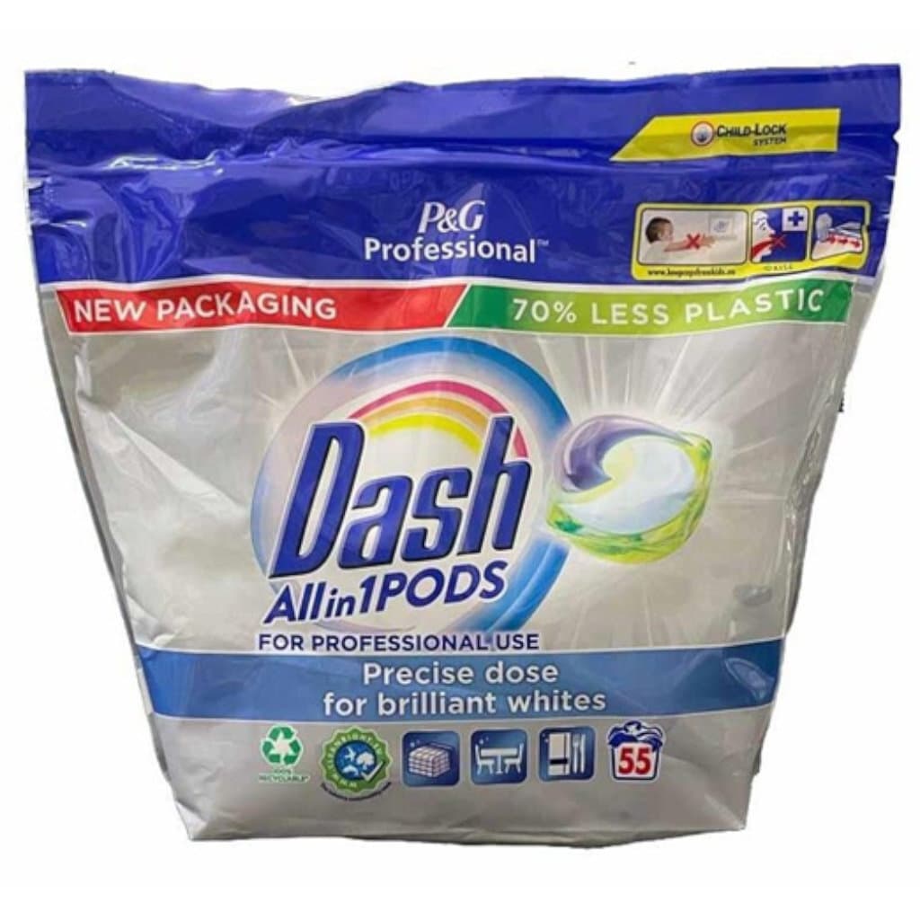 Опаковка на Dash Professional Pods (55 бр), показваща продукта и акцентираща върху професионалното качество.