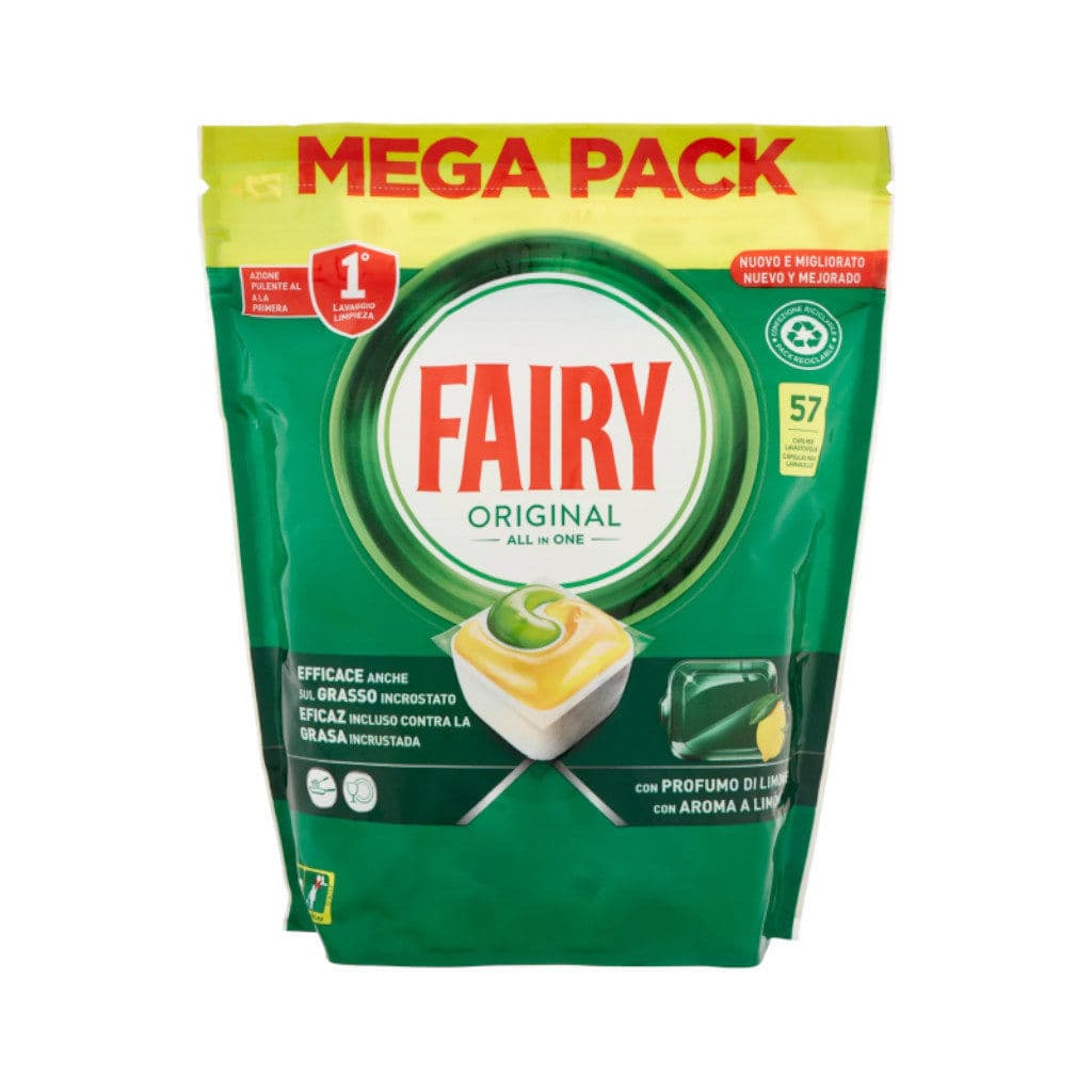 Fairy Original Lavastoviglie - опаковка с 57 капсули, показваща предната страна с основна информация.