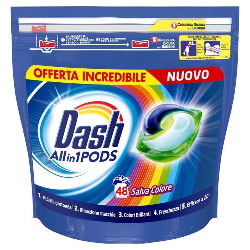 Dash Detersivo Lavatrice Capsule Mantiene i Colori - опаковка с 48 капсули, показваща предната страна с основна информация.