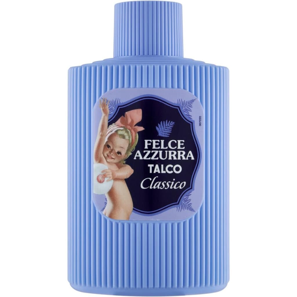 Опаковка на Felce Azzurra Talco Profumo Classico (200 г), показваща характерния дизайн на марката с синя папрат.