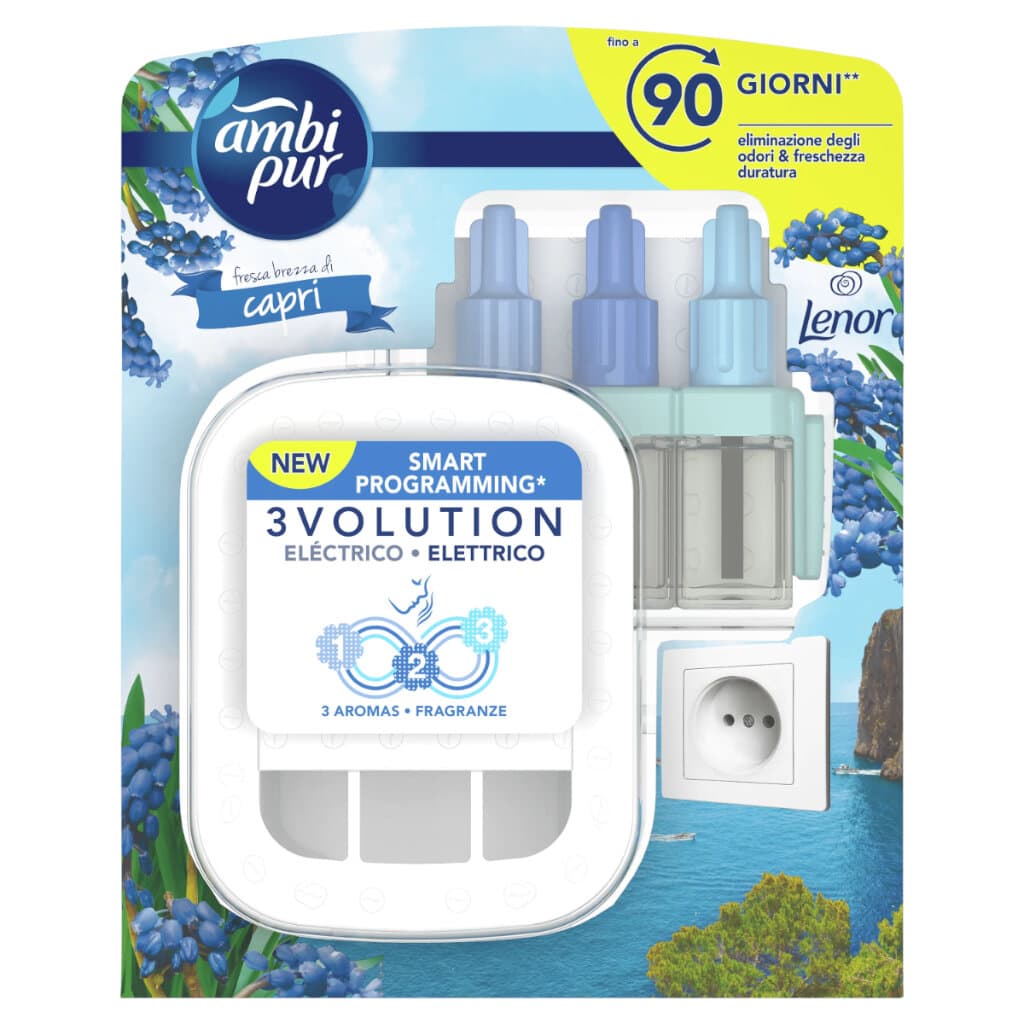 Ambi Pur 3Volution Електрически дифузер Capri – Предна част на продукта с акцент върху аромата.