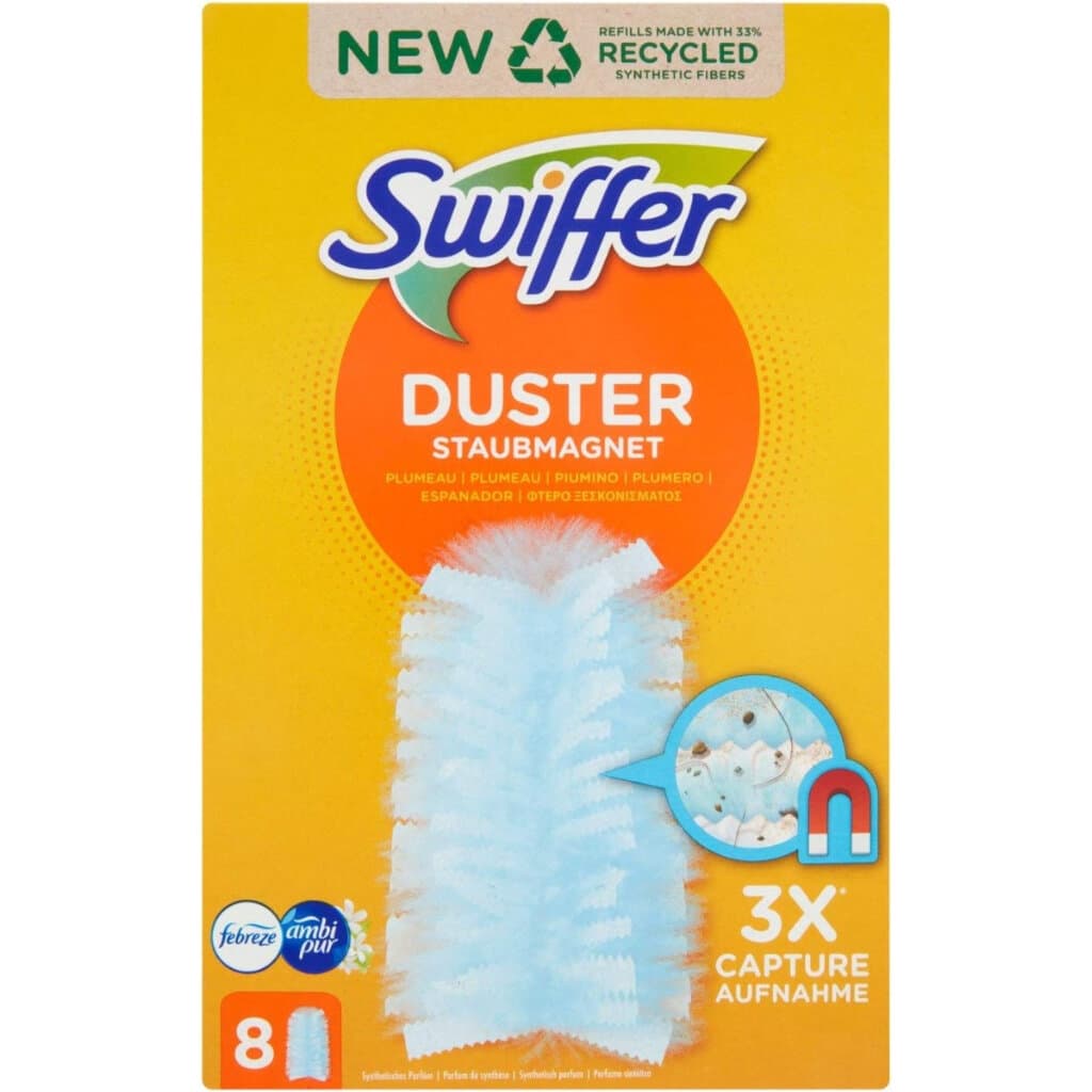 Swiffer Duster Cattura Polvere - Ricarica 8 Piumini per spolverare – предна опаковка на комплект от 8 пухчета за почистване на прах.
