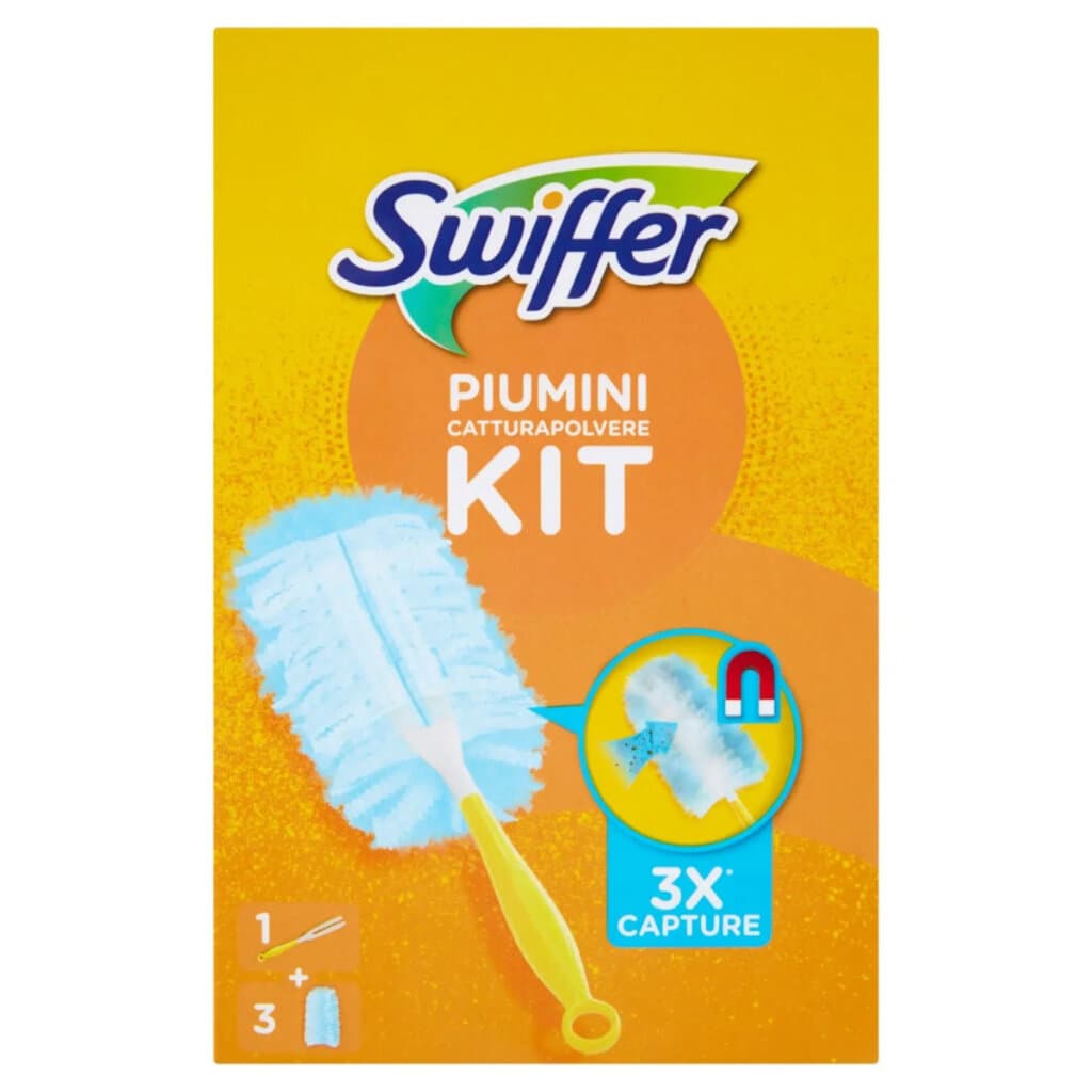 Swiffer Kit Cattura Polvere – предна опаковка на комплект за почистване на прах с дръжка и пухчета.