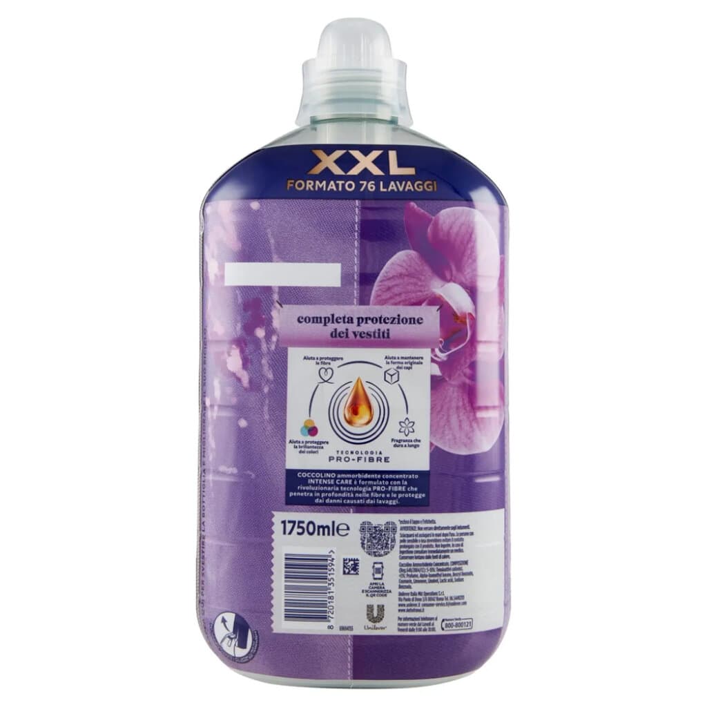 Инструкции за употреба и състав на Coccolino Ammorbidente Concentrato Intense Care Orchidea Viola & Mirtilli 1750 мл