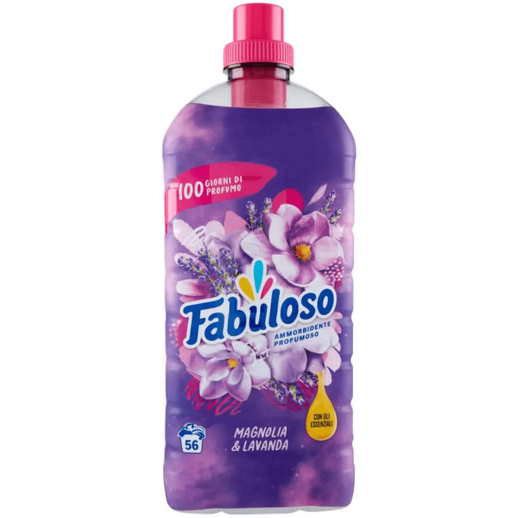 Опаковка на Fabuloso Ammorbidente Concentrato Profumato Magnolia показваща продукта с изображение на магнолии и лавандула.