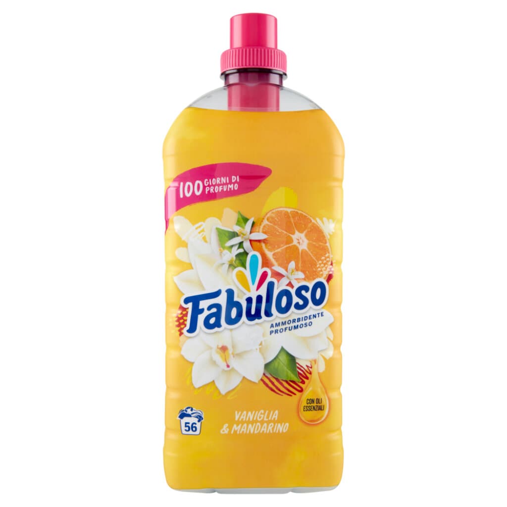Опаковка на Fabuloso Ammorbidente Mandarino с изображение на мандарини и ванилови цветя