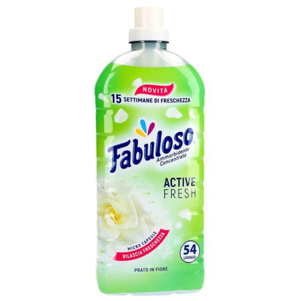 Опаковка на Fabuloso Ammorbidente Concentrato Prato in Fiore (54 пранета), показваща бутилката и изображение на цъфтяща поляна.