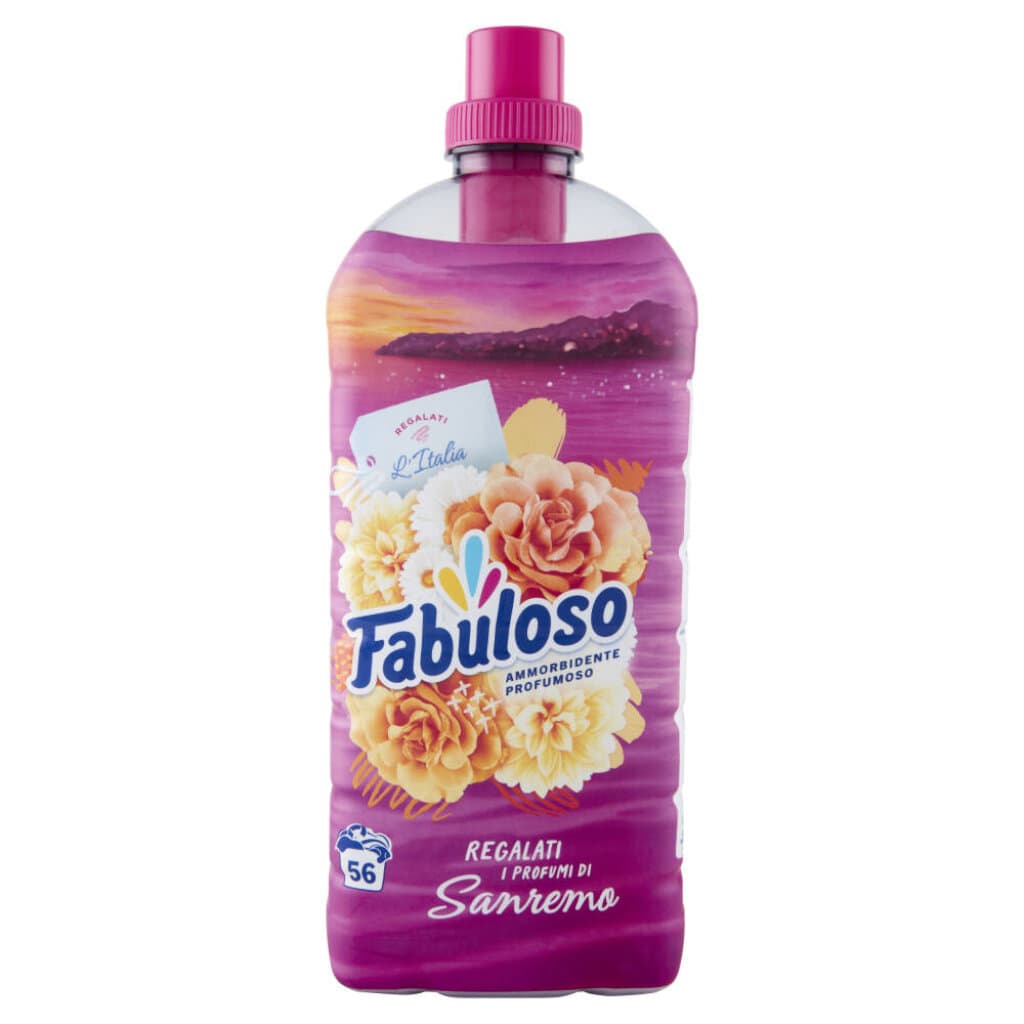 Опаковка на Fabuloso Ammorbidente Concentrato Profumi di Sanremo (1.25 L) с изображение на цветя, символизиращи аромата.