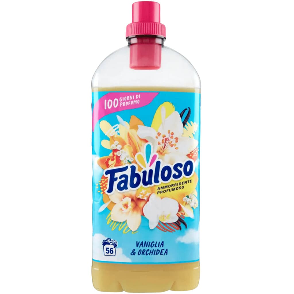 Опаковка на Fabuloso Ammorbidente Concentrato Vaniglia (1.25 л), показваща продукта и акцентираща върху изображението на ванилия.
