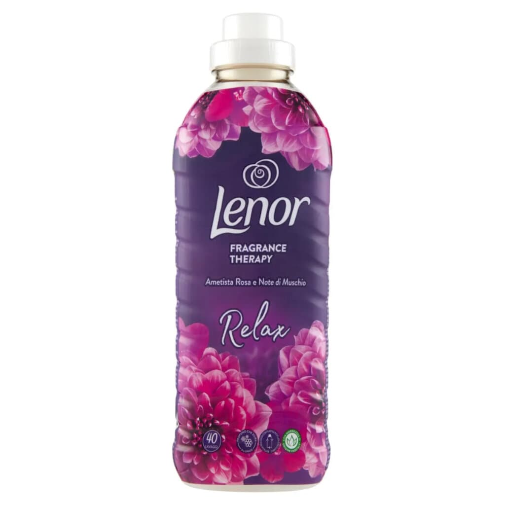 Lenor Ammorbidente Lavatrice Concentrato Ametista Rosa e Note di Muschio – 40 пранета, 840 мл – Предна страна на бутилката с информация за продукта.