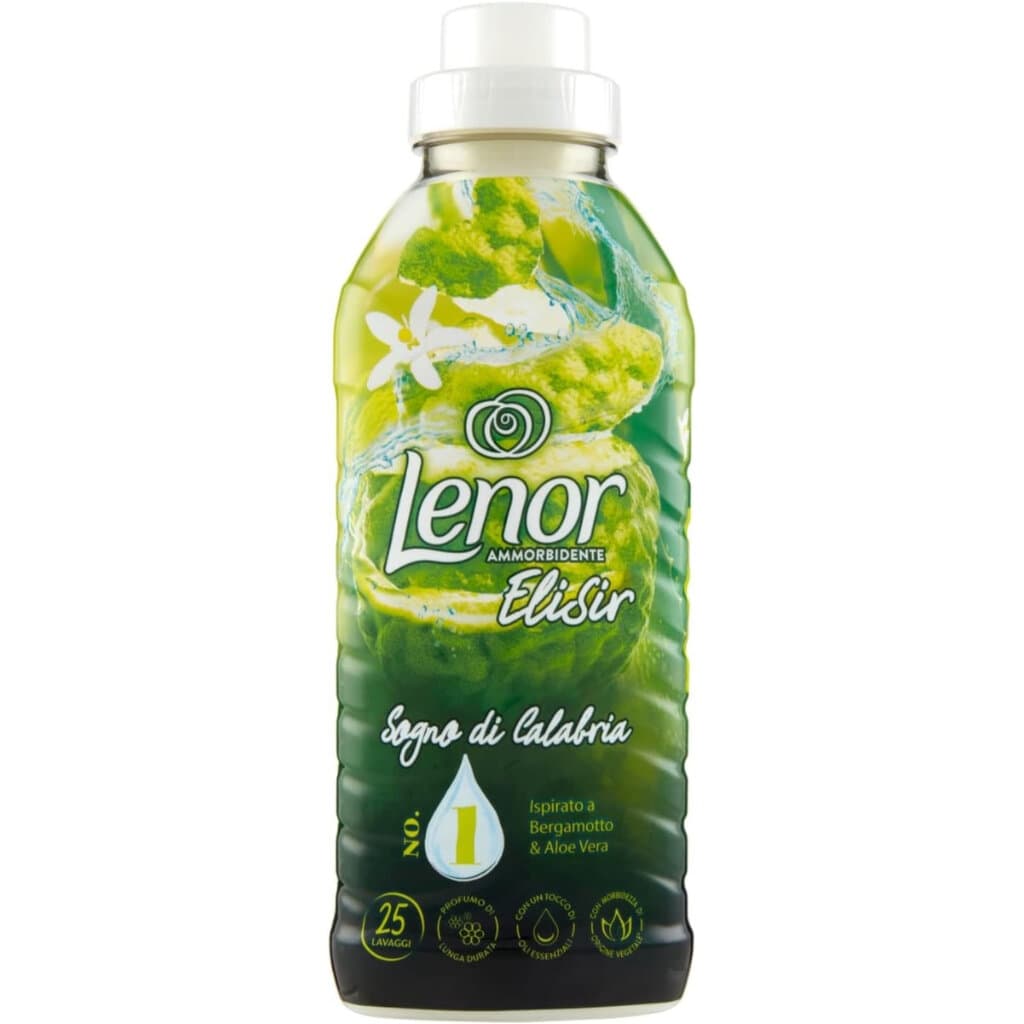 Lenor Ammorbidente Concentrato Elisir Sogno di Calabria – 25 пранета, 525 мл – Предна страна на бутилката с информация за продукта.