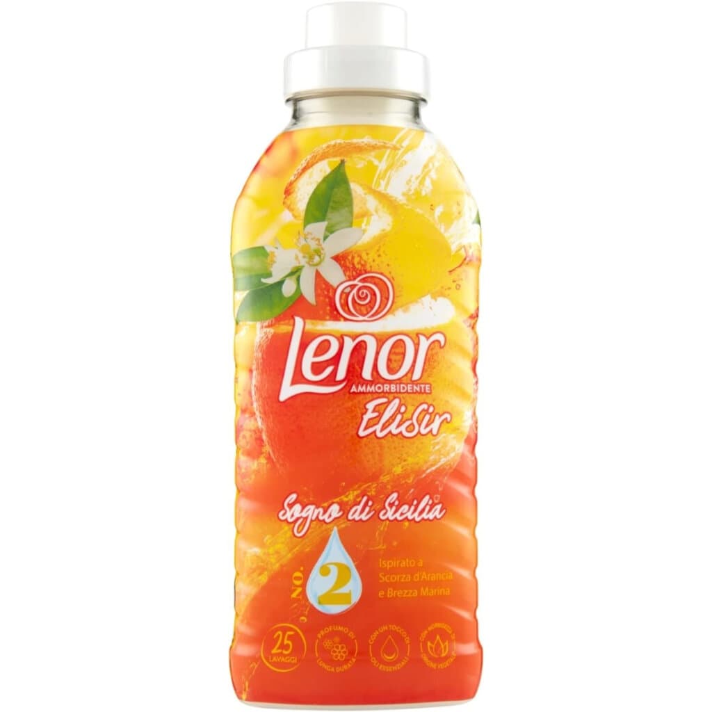 Lenor Ammorbidente Concentrato Elisir Sogno di Sicilia – 25 пранета, 525 мл – Предна страна на бутилката с информация за продукта.
