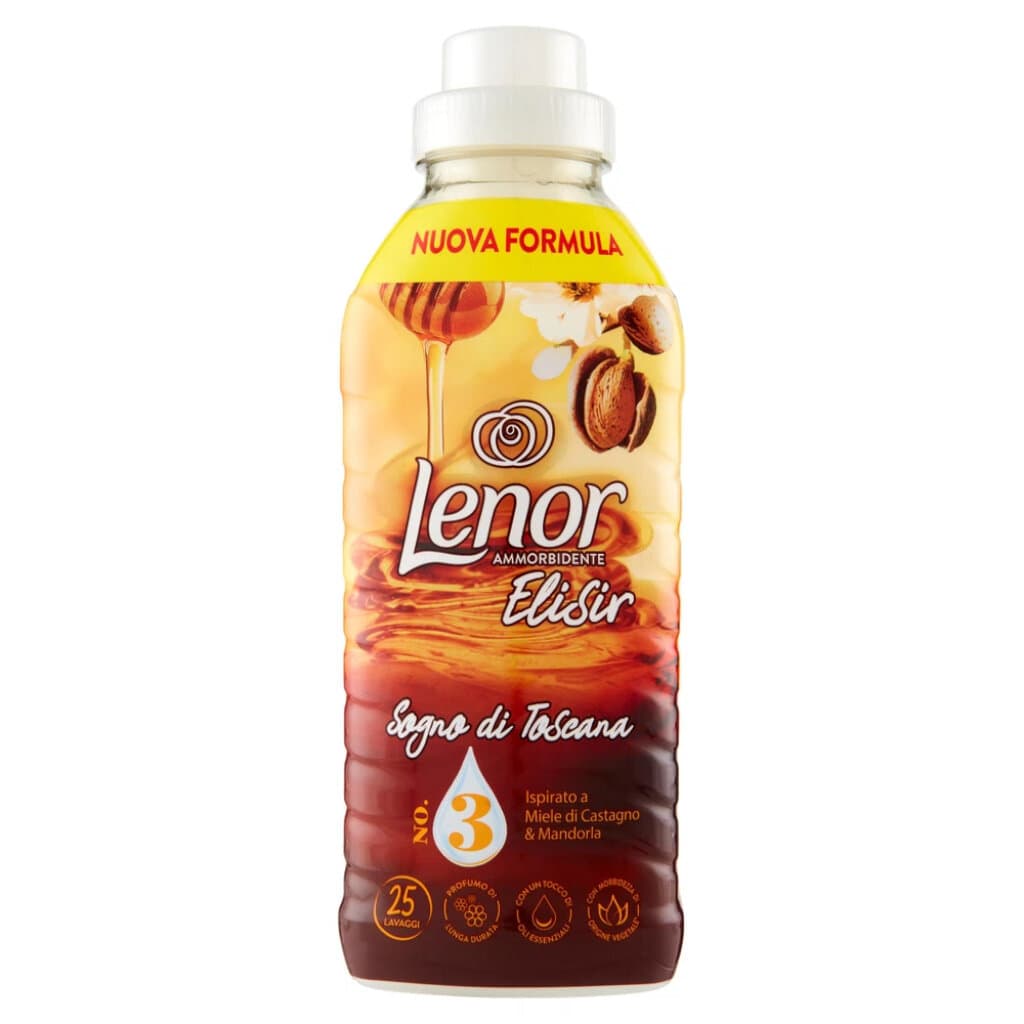 Lenor Ammorbidente Concentrato Elisir Sogno di Toscana – 25 пранета, 525 мл – Предна страна на бутилката с информация за продукта.
