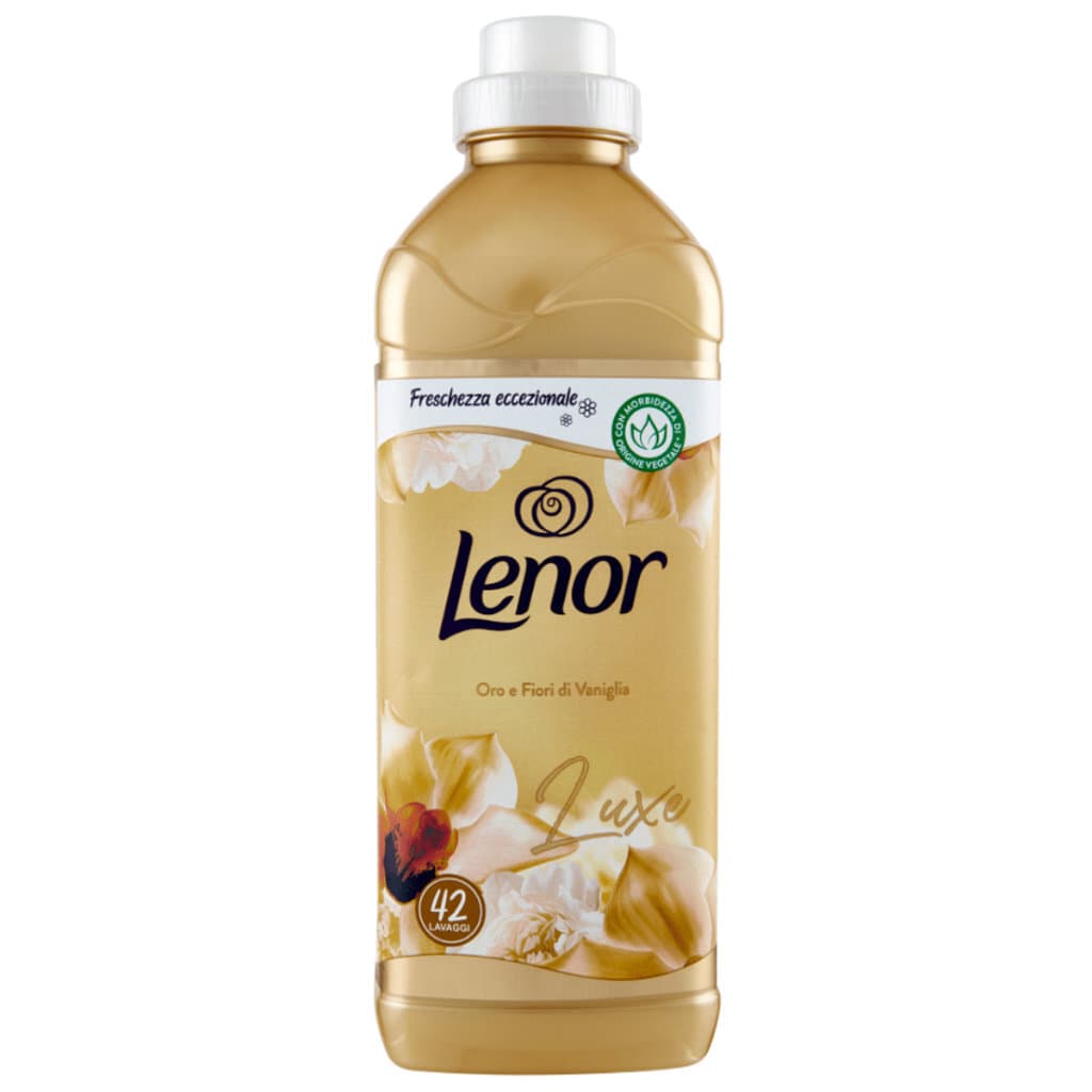 Опаковка на Lenor Luxe Злато и Ванилия (4 литра) с изобразени златни и ванилови елементи.