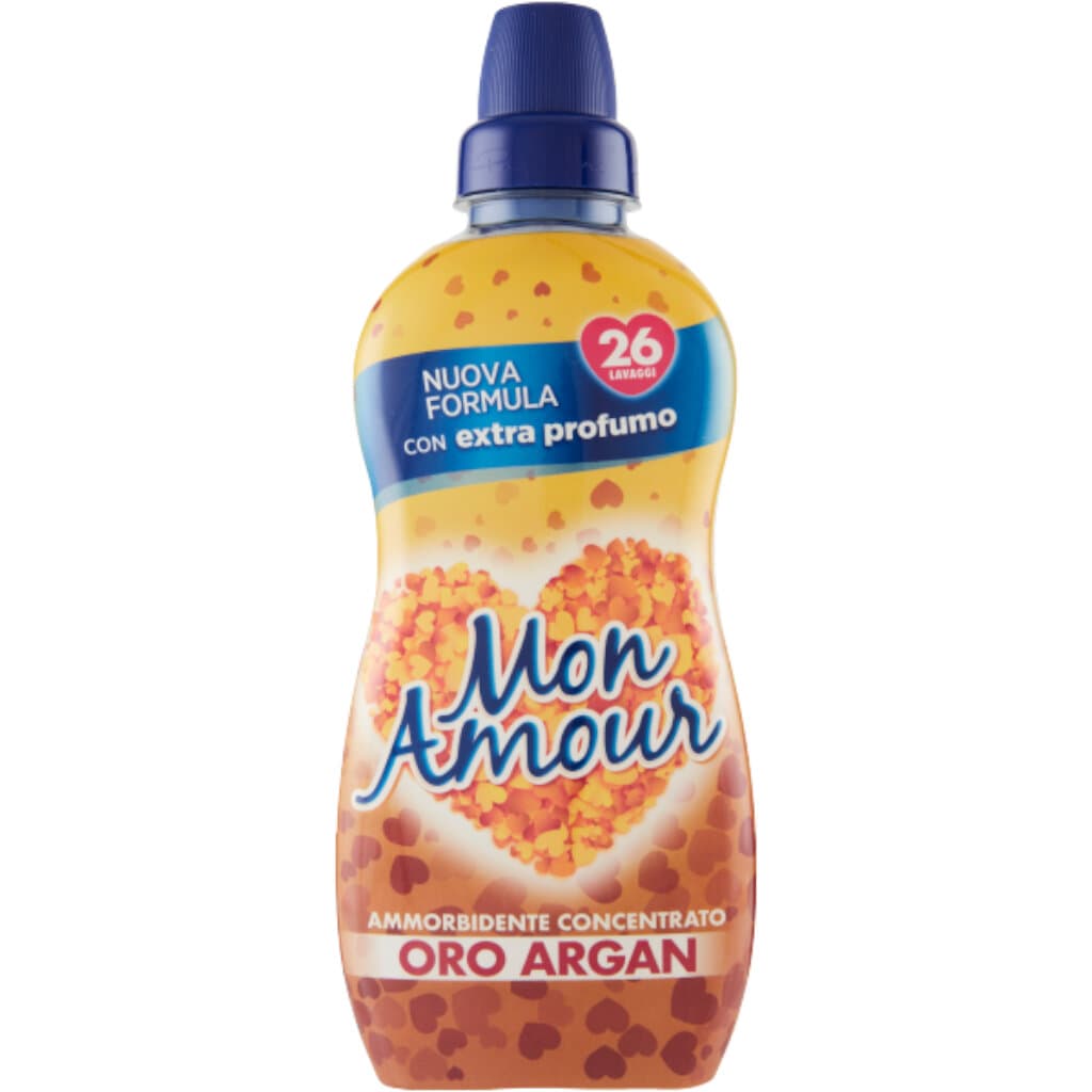Опаковка и преден изглед на Mon Amour Ammorbidente Concentrato Oro Argan 650 мл | Концентриран Омекотител с Дълготраен Аромат на Арган