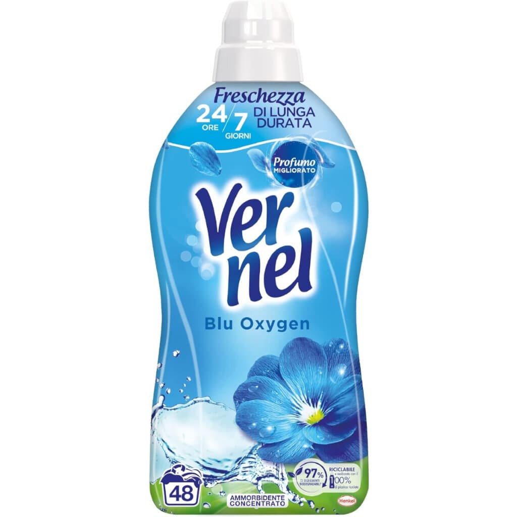 Концентриран омекотител Vernel Blu Oxygen в опаковка от 48 пранета, показваща предната страна с основна информация.