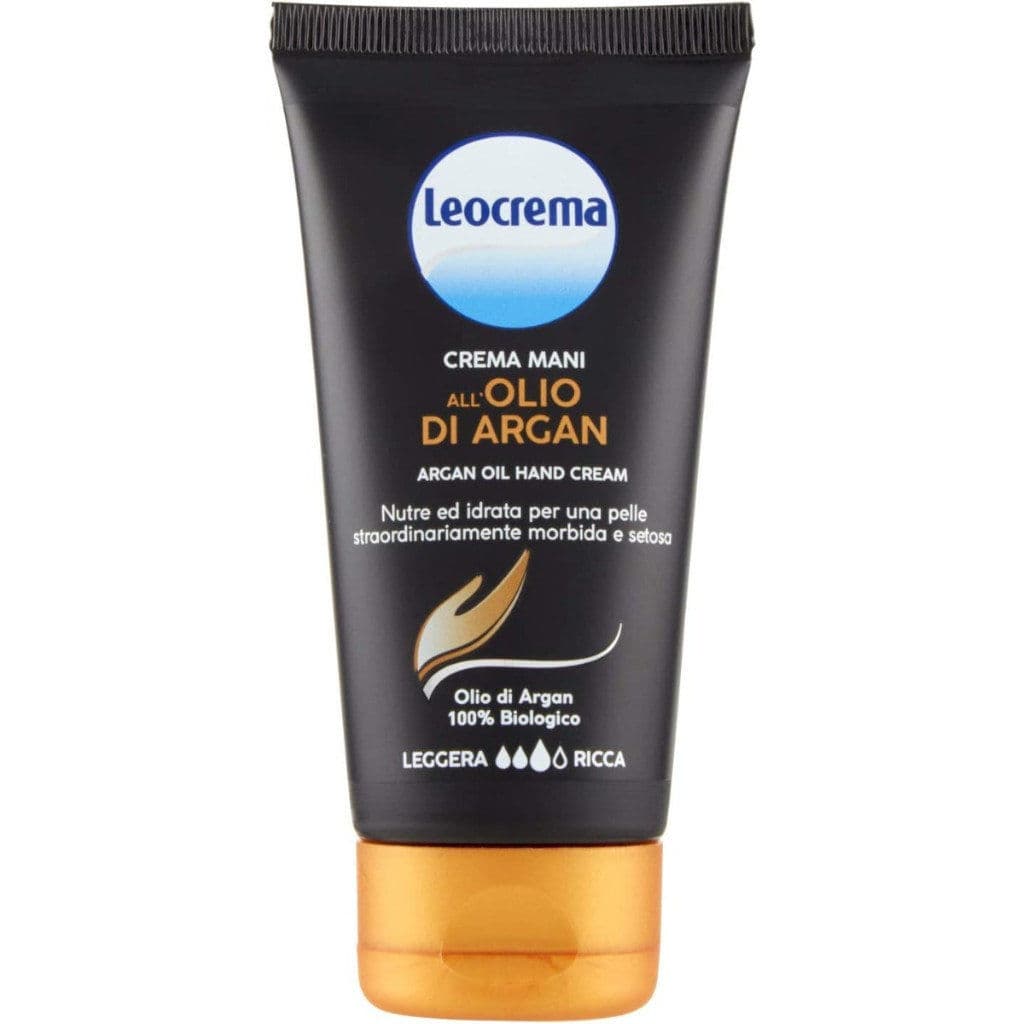 Опаковката на Leocrema Crema Mani all'Olio di Argan отпред с лого и основни инструкции.