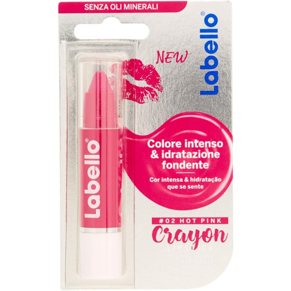 Labello Crayon Lipstick Hot Pink, показващ цвета и дизайна на продукта.