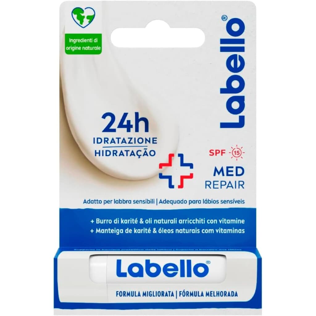 Опаковка на Labello Med Repair (4.8 g) с акцент върху SPF 15 и основните предимства.