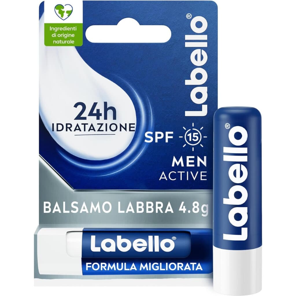 Опаковка на Labello Men Active, показваща стика с дискретен мъжки дизайн.