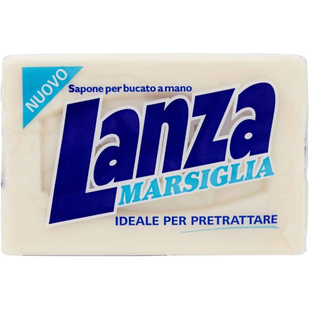 Опаковка на Lanza Sapone Solido Marsiglia, показваща сапуна и логото.