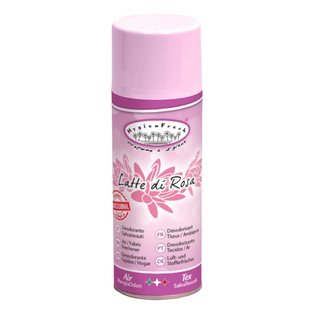 Deospray Latte di Rosa в опаковка, дезодориращ спрей с дълготраен аромат на розово мляко.