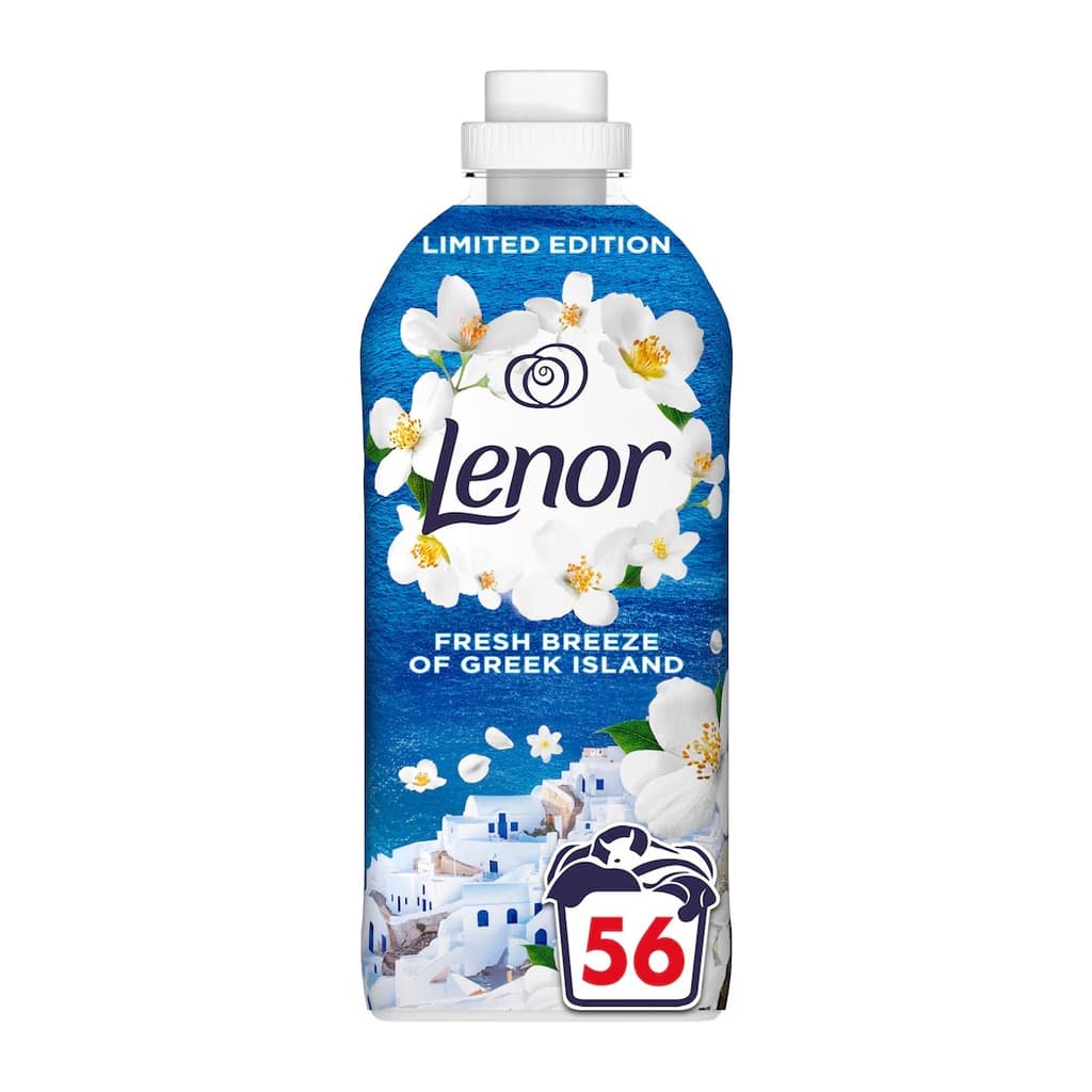 Lenor Fresh Breeze of Greek Island лимитиран омекотител с аромат на жасмин и морска сол 1,176 л за 56 пранета