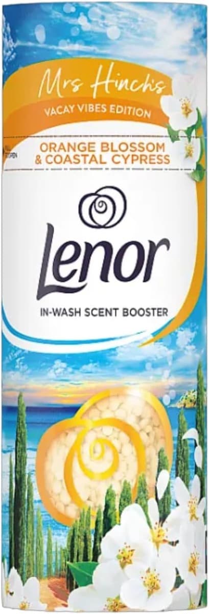 Lenor Orange Blossom & Coastal Cypress In-Wash Scent Booster – 176 г, с оранжево-зелен дизайн.