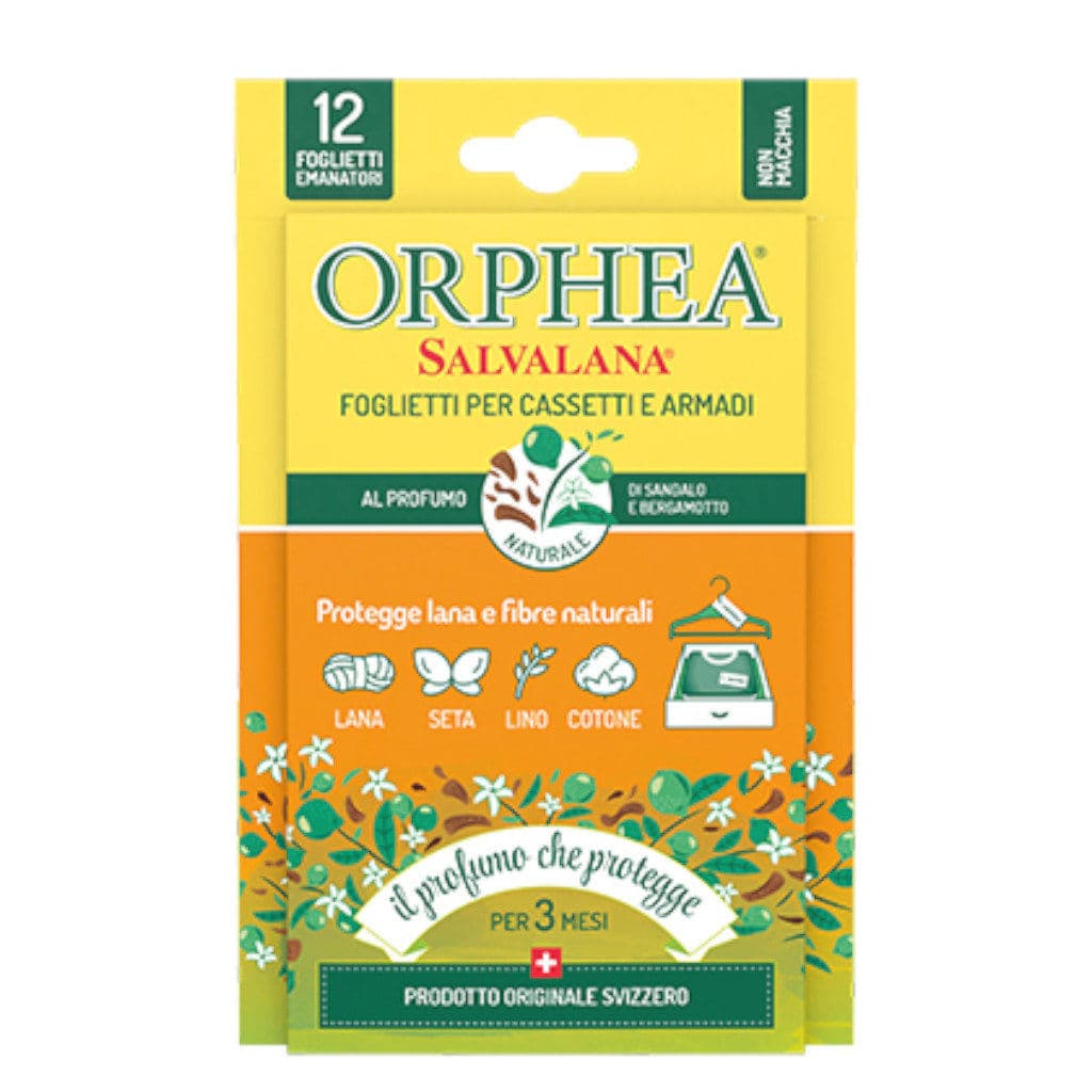 Опаковка на Orphea Drawers and Wardrobe Strips Sandalwood & Bergamot Scent с основна информация и лого.