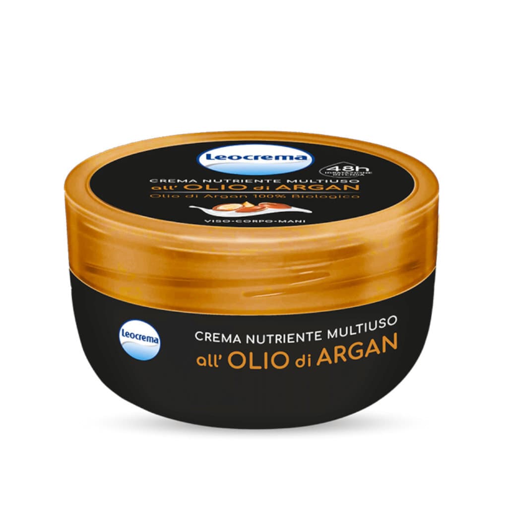 Опаковката на Leocrema Crema Multiuso all'Olio di Argan отпред с лого и основни инструкции.