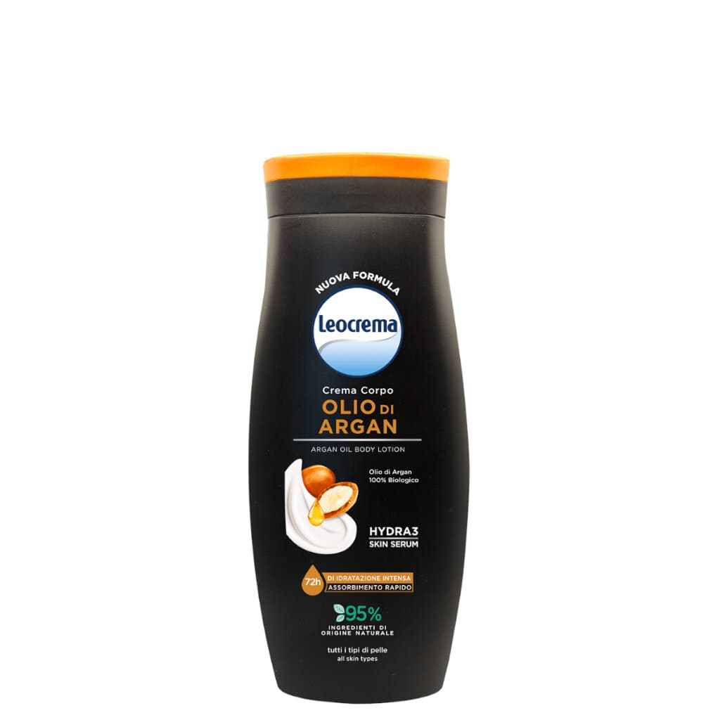Опаковката на Leocrema Crema Corpo all'Olio di Argan отпред с лого и основни инструкции.