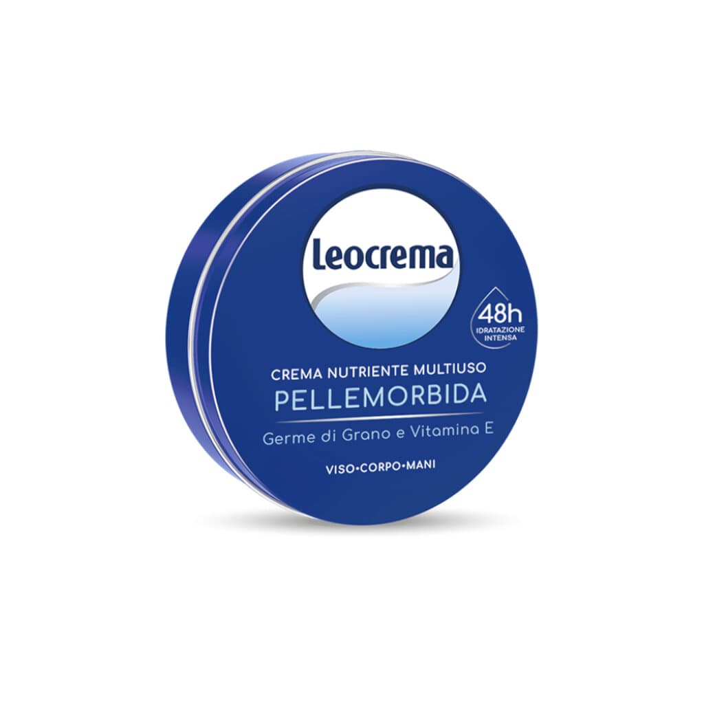 Опаковката на Leocrema Crema Multiuso Pellemorbida отпред с лого и основни инструкции.