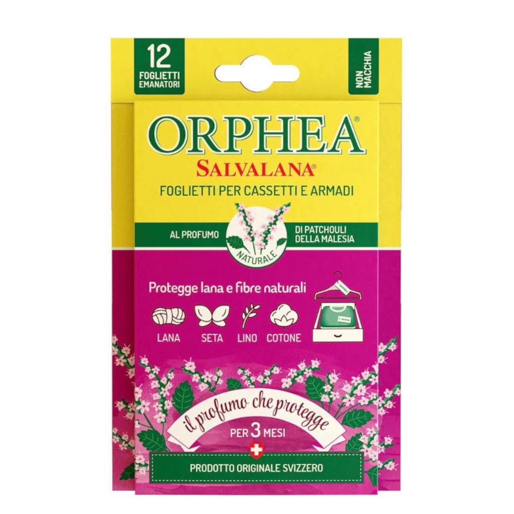 Опаковка на Orphea Drawers and Wardrobe Strips Malaysian Patchouli с основна информация.