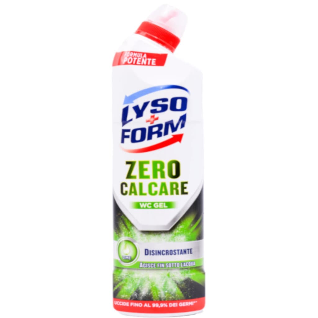 Опаковка на Lysoform WC Gel Zero Lime (750 мл) с акцент върху анти-варовиковите свойства.